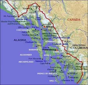 A map of the british columbia coast with many points of interest.