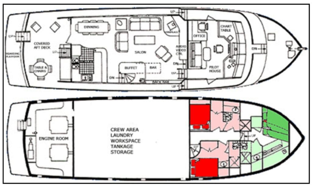 A deck plan layout of the boat